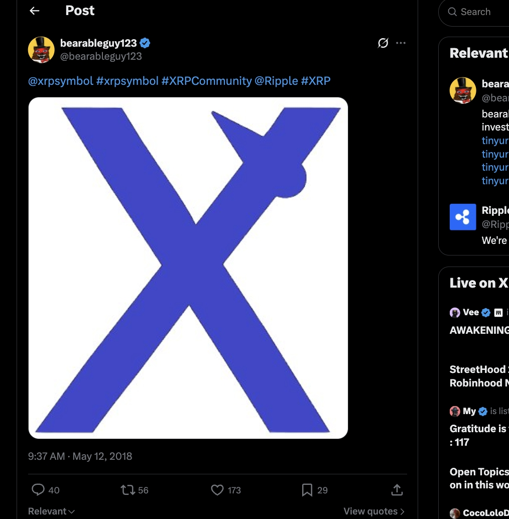 bearableguy123 post showing the hooked X XRP symbol, May 12 2018